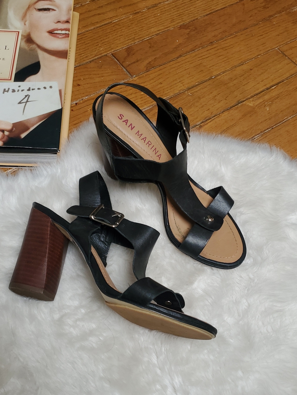 San Marina Vetrina Noir Leather Cross-Strap Sandals with Stacked Block Heel